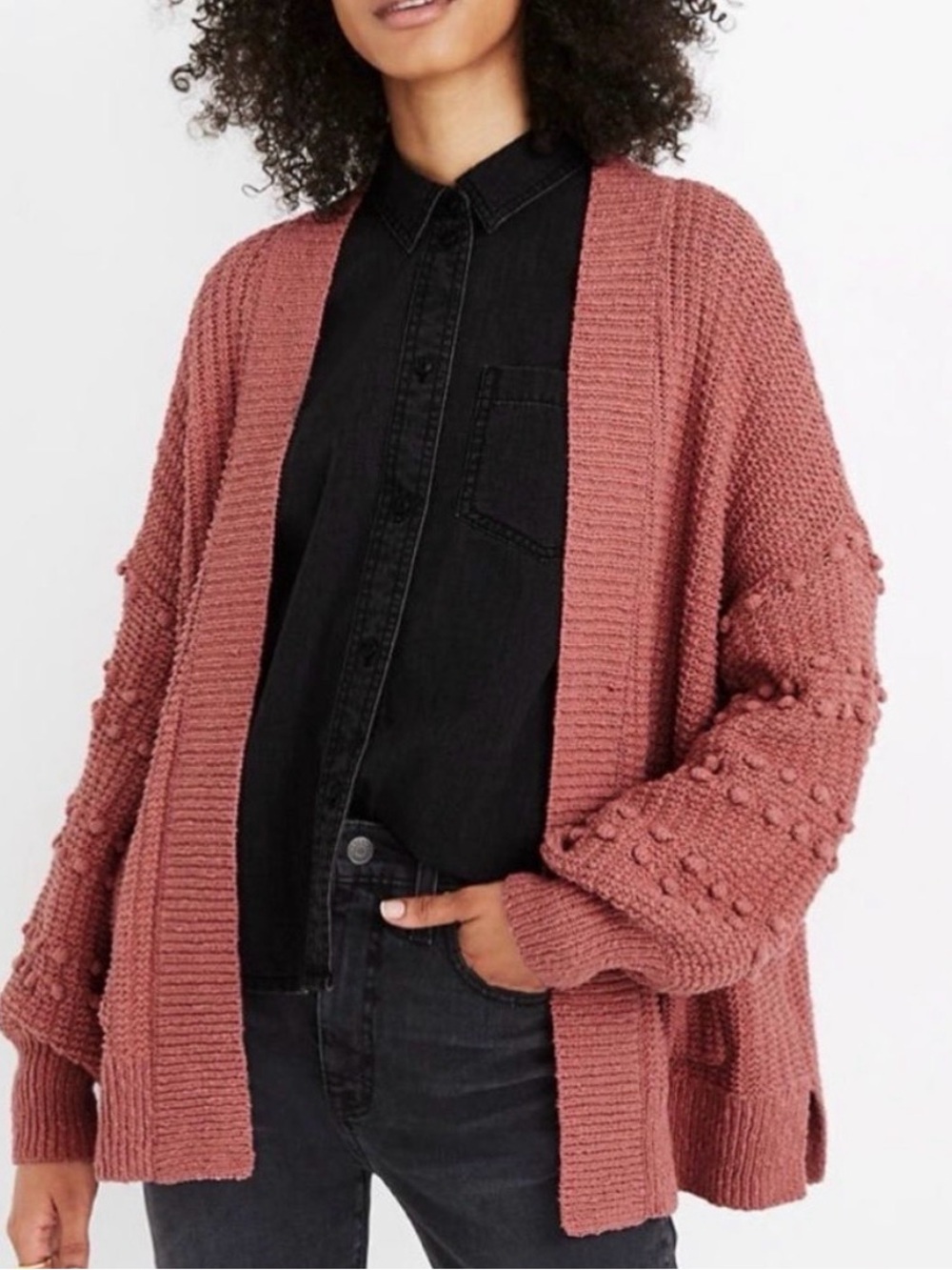Madewell Dusty Rose Bobble-Sleeve Open-Front Cardigan